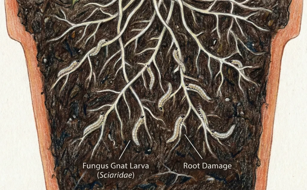 Cicha śmierć w podłożu: jak larwy (12 mm z czarną główką) niszczą system korzeniowy